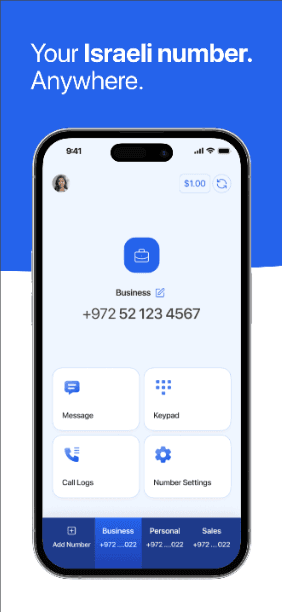KavIL app showing an Israeli business number and call and message controls